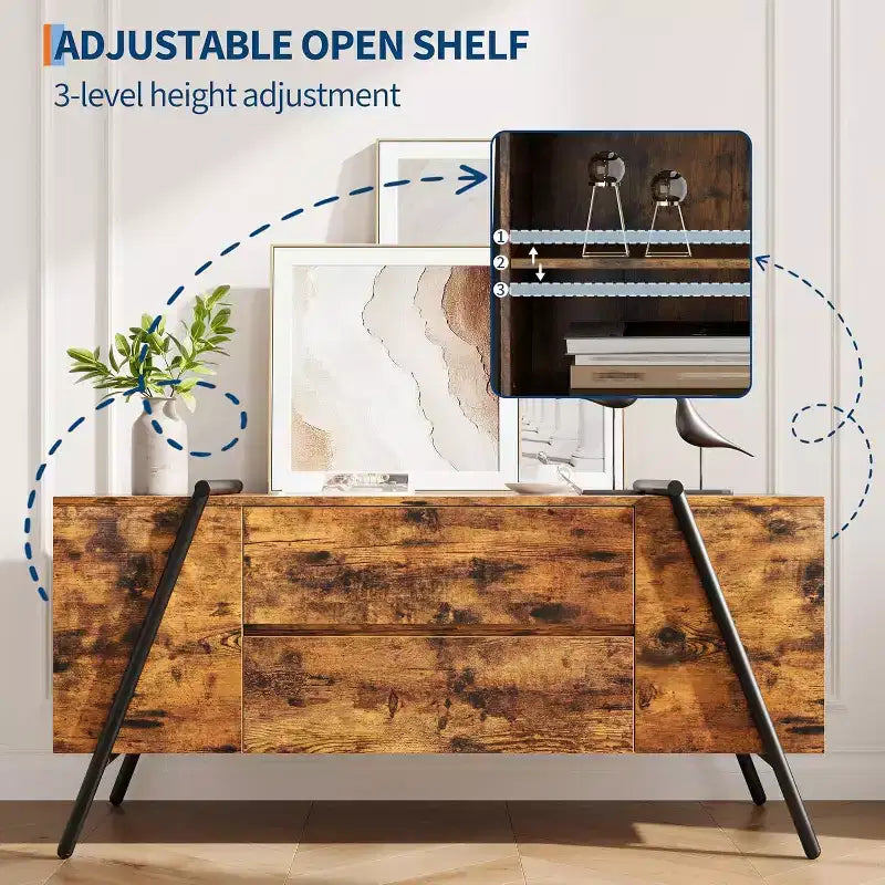 Meuble TV pour téléviseur de 65 pouces, meuble de divertissement avec étagère réglable, 2 tiroirs, console TV, console multimédia, pieds en métal en forme de U