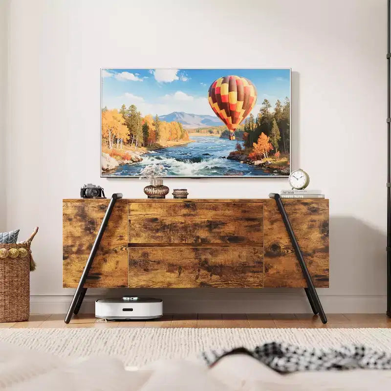 Meuble TV pour téléviseur de 65 pouces, meuble de divertissement avec étagère réglable, 2 tiroirs, console TV, console multimédia, pieds en métal en forme de U