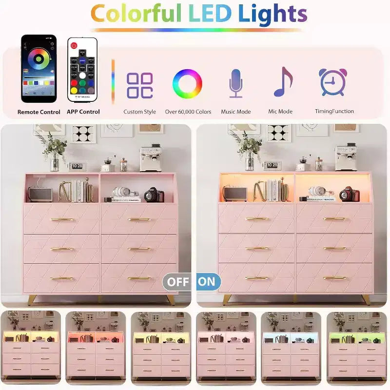 Commode à 6 tiroirs avec station de charge - Armoire de rangement autonome pour chambre à coucher et salon