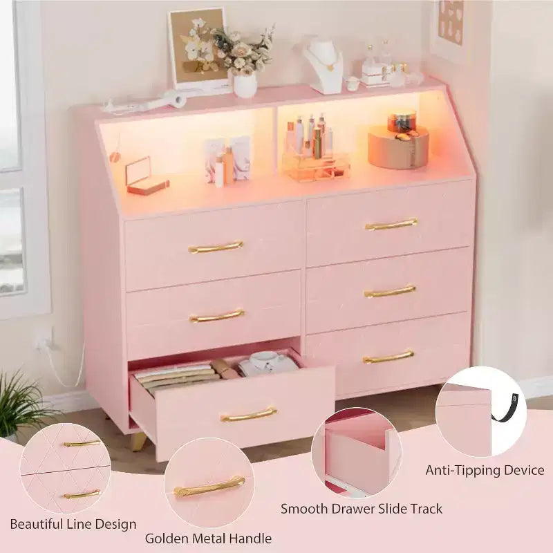 Commode à 6 tiroirs avec station de charge - Armoire de rangement autonome pour chambre à coucher et salon
