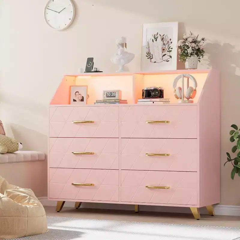 Commode à 6 tiroirs avec station de charge - Armoire de rangement autonome pour chambre à coucher et salon