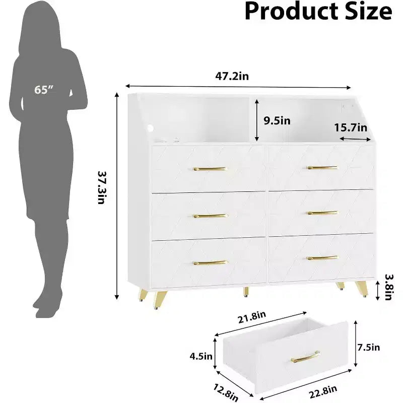 Commode à 6 tiroirs avec station de charge - Armoire de rangement autonome pour chambre à coucher et salon