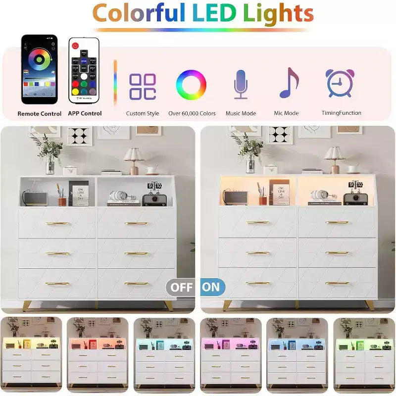 Commode à 6 tiroirs avec station de charge - Armoire de rangement autonome pour chambre à coucher et salon