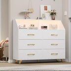 Commode à 6 tiroirs avec station de charge - Armoire de rangement autonome pour chambre à coucher et salon