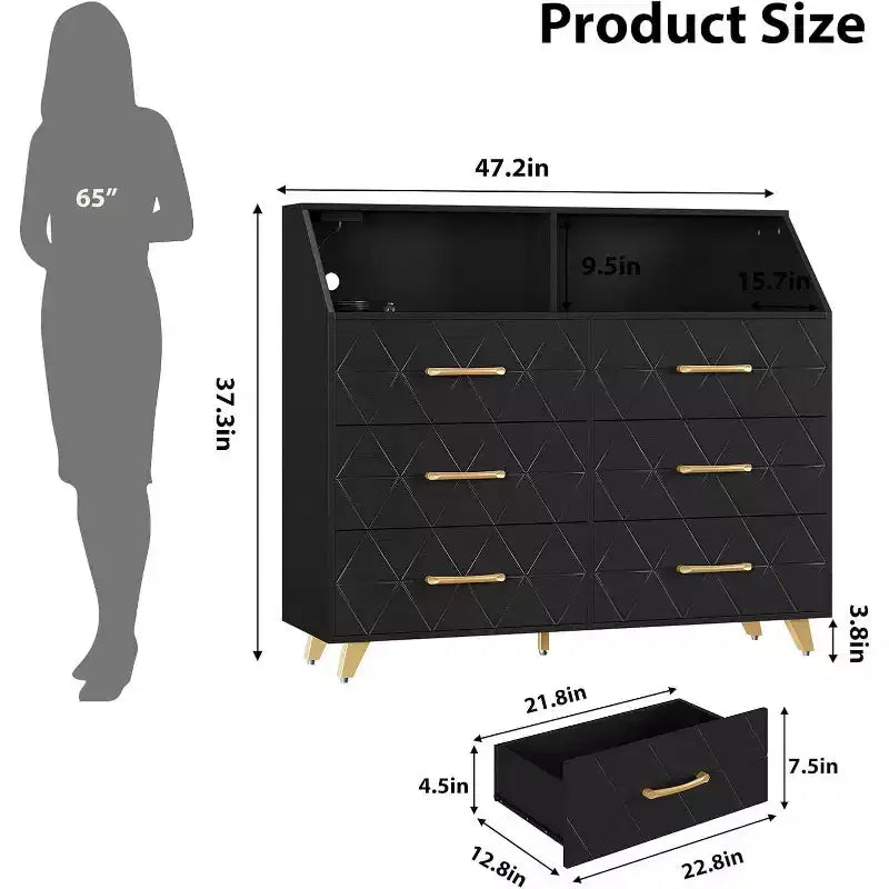 Commode à 6 tiroirs avec station de charge - Armoire de rangement autonome pour chambre à coucher et salon