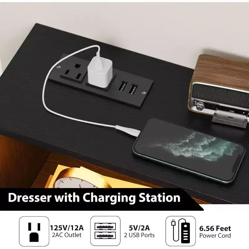 Commode à 6 tiroirs avec station de charge - Armoire de rangement autonome pour chambre à coucher et salon