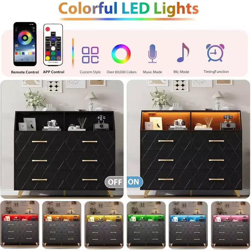 Commode à 6 tiroirs avec station de charge - Armoire de rangement autonome pour chambre à coucher et salon