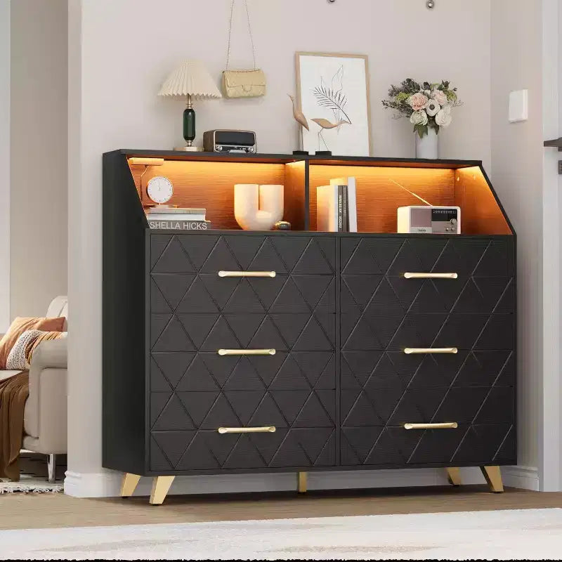 Commode à 6 tiroirs avec station de charge - Armoire de rangement autonome pour chambre à coucher et salon