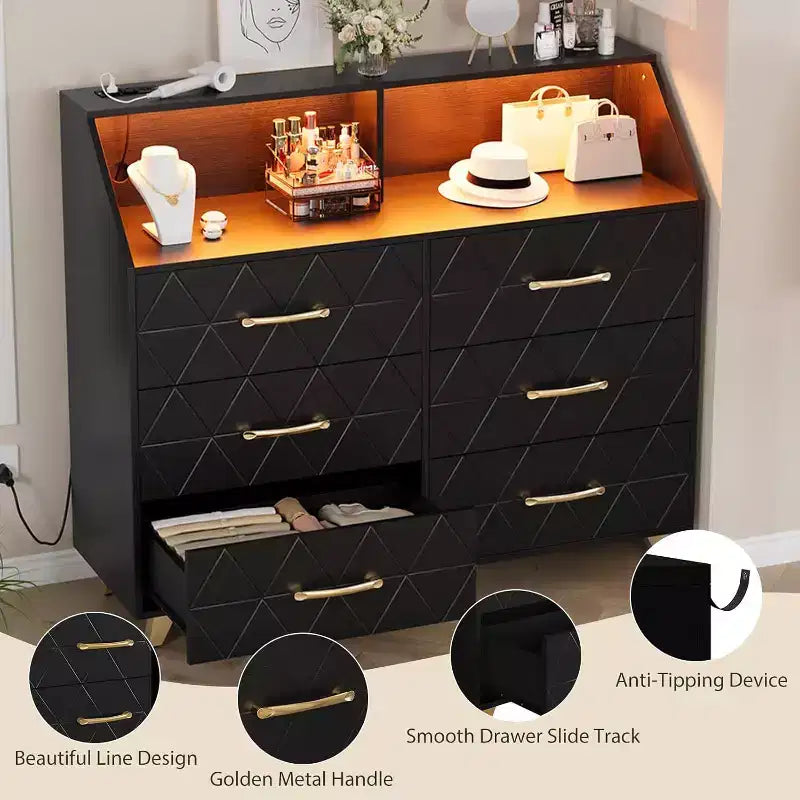 Commode à 6 tiroirs avec station de charge - Armoire de rangement autonome pour chambre à coucher et salon