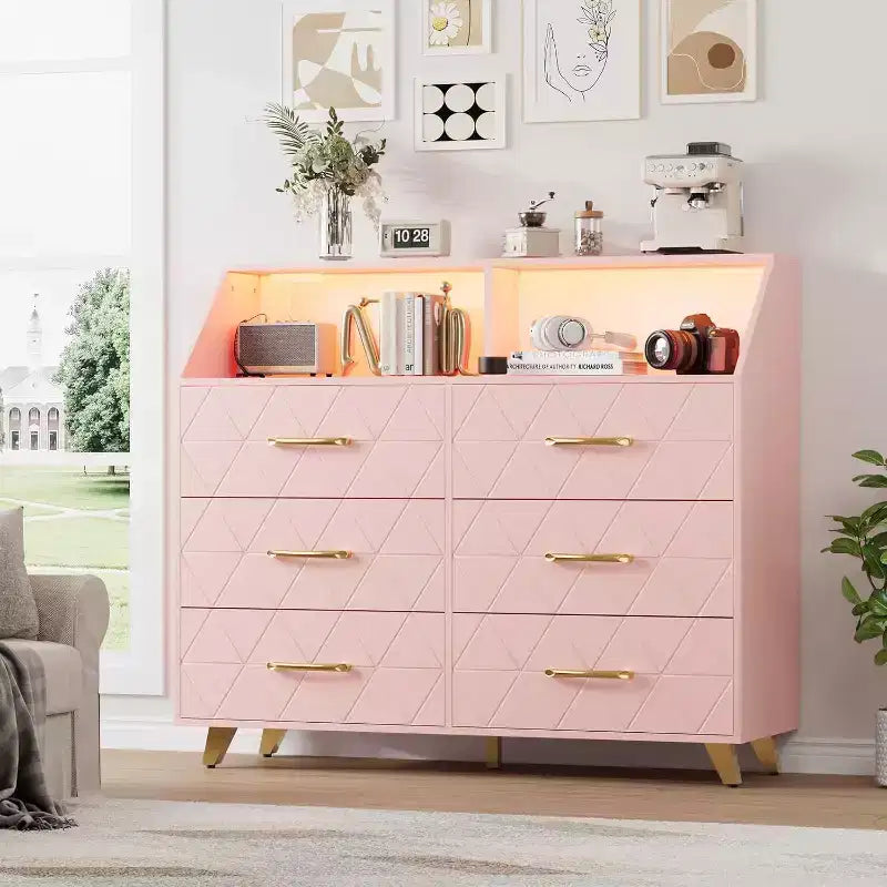 Commode à 6 tiroirs avec station de charge - Armoire de rangement autonome pour chambre à coucher et salon