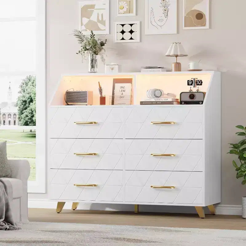 Commode à 6 tiroirs avec station de charge - Armoire de rangement autonome pour chambre à coucher et salon