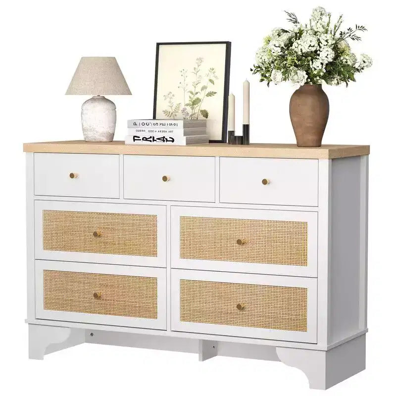 Commode de chambre à 7 tiroirs, Commode double à 7 tiroirs, Commode en bois de 120 cm de large