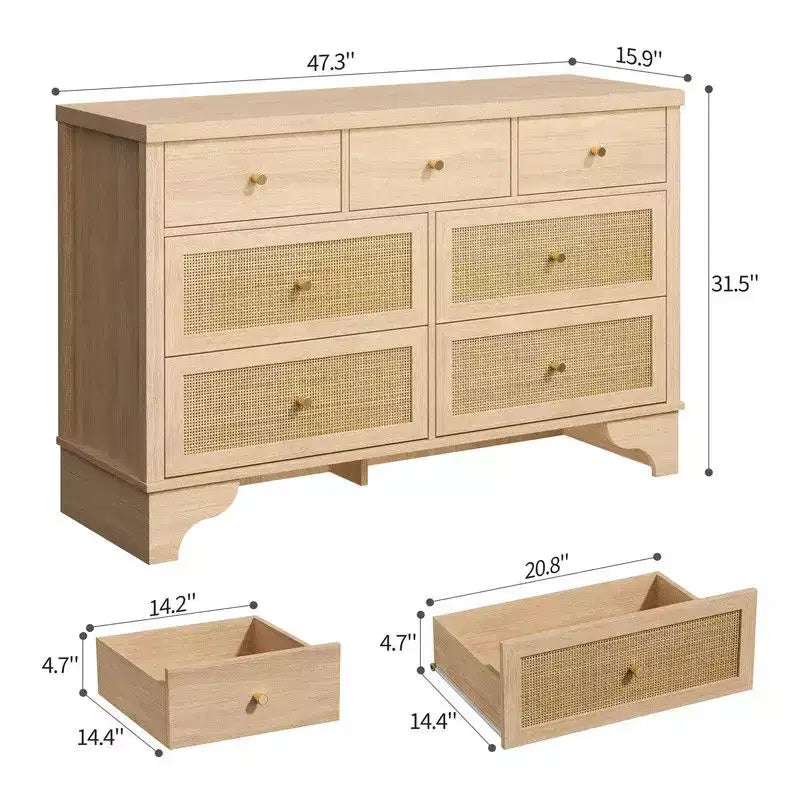 Commode de chambre à 7 tiroirs, Commode double à 7 tiroirs, Commode en bois de 120 cm de large