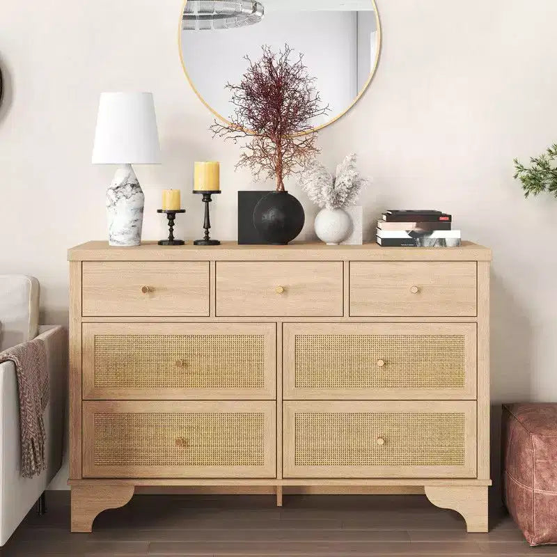 Commode de chambre à 7 tiroirs, Commode double à 7 tiroirs, Commode en bois de 120 cm de large
