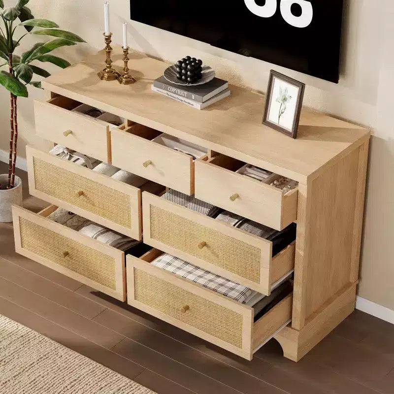 Commode de chambre à 7 tiroirs, Commode double à 7 tiroirs, Commode en bois de 120 cm de large