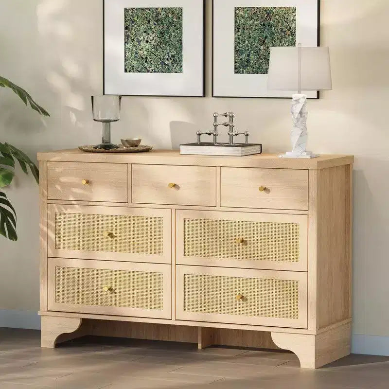 Commode de chambre à 7 tiroirs, Commode double à 7 tiroirs, Commode en bois de 120 cm de large
