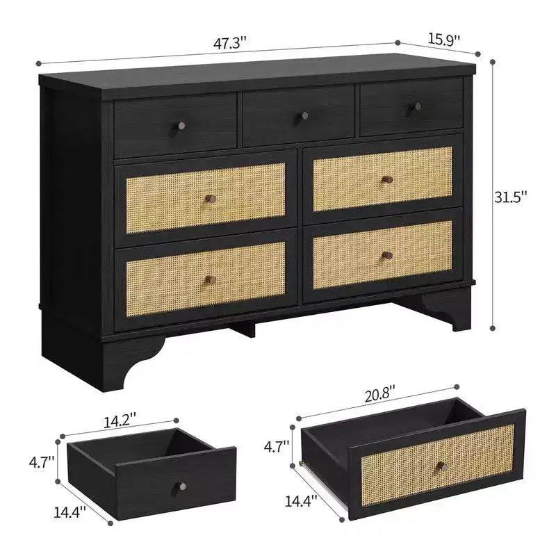 Commode de chambre à 7 tiroirs, Commode double à 7 tiroirs, Commode en bois de 120 cm de large