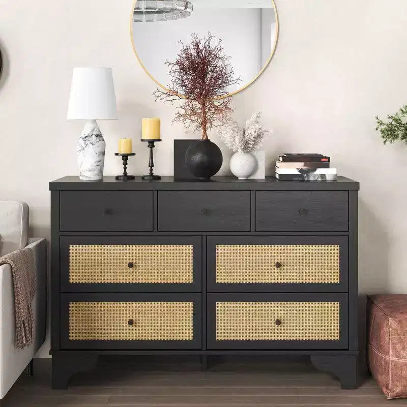 Commode de chambre à 7 tiroirs, Commode double à 7 tiroirs, Commode en bois de 120 cm de large
