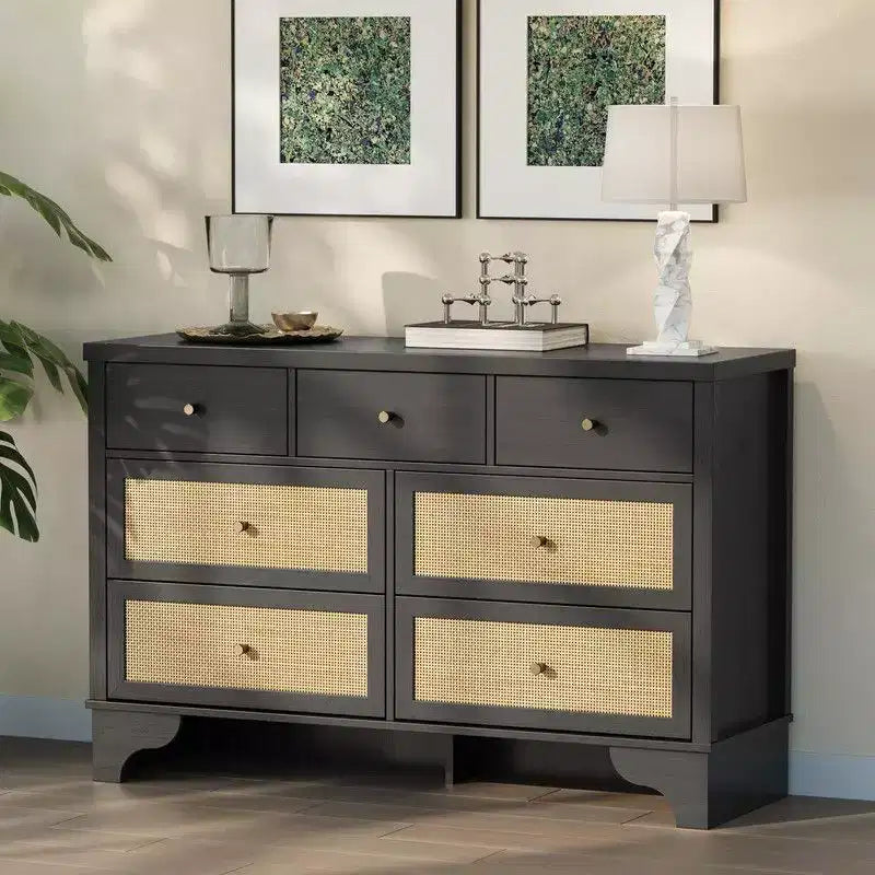 Commode de chambre à 7 tiroirs, Commode double à 7 tiroirs, Commode en bois de 120 cm de large
