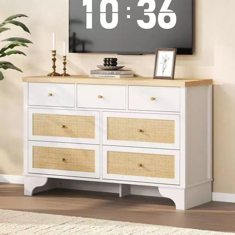Commode de chambre à 7 tiroirs, Commode double à 7 tiroirs, Commode en bois de 120 cm de large