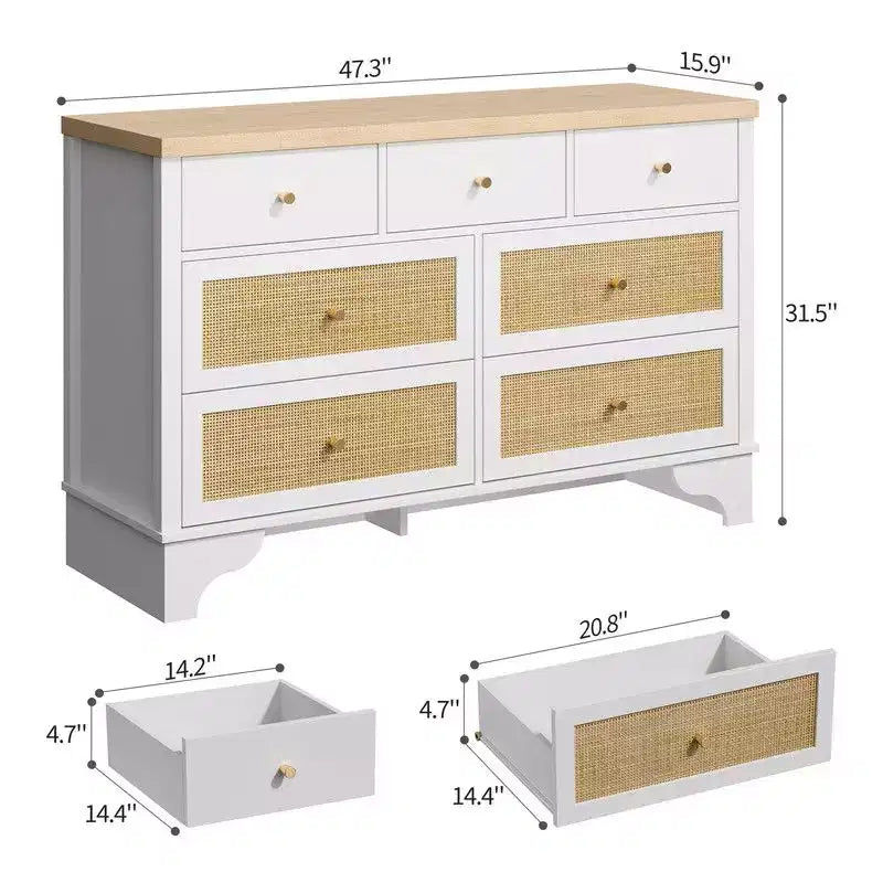 Commode de chambre à 7 tiroirs, Commode double à 7 tiroirs, Commode en bois de 120 cm de large
