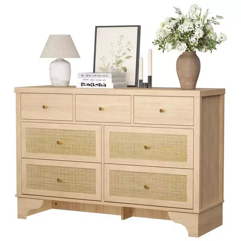 Commode de chambre à 7 tiroirs, Commode double à 7 tiroirs, Commode en bois de 120 cm de large