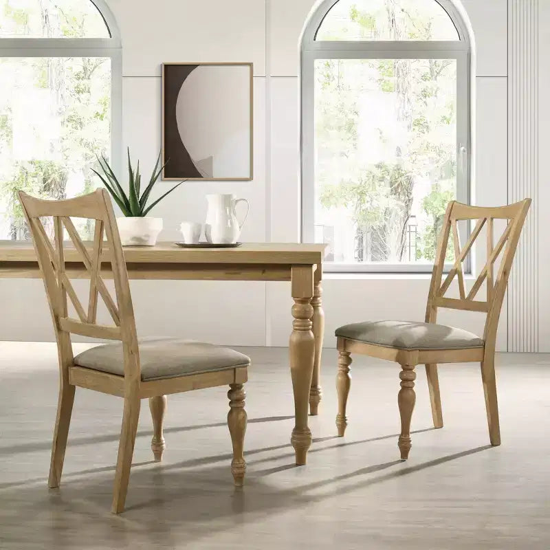 Roundhill Furniture Chaises de salle à manger Verta en bois massif à dossier croisé, lot de 2, finition chêne clair