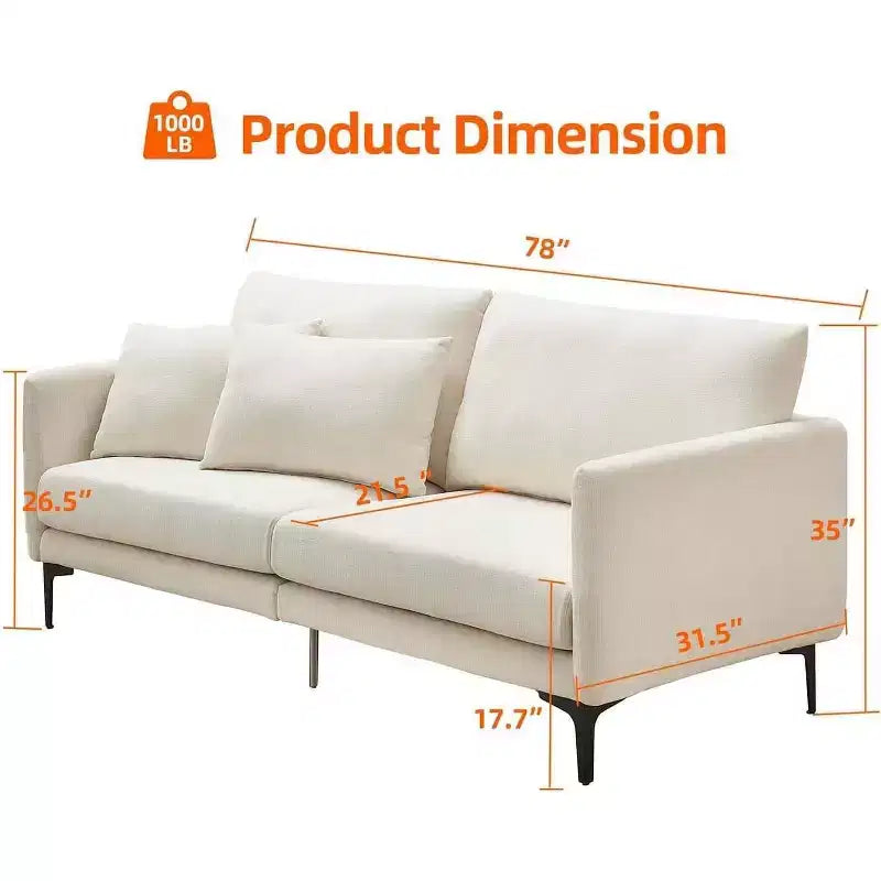 Canapé 3 places moderne et confortable de 198 cm avec 2 oreillers – Divan douillet en chenille pour salon d'appartement, beige