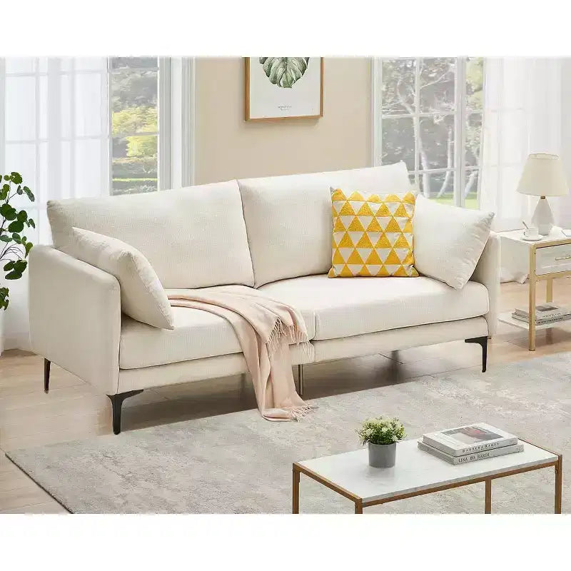 Canapé 3 places moderne et confortable de 198 cm avec 2 oreillers – Divan douillet en chenille pour salon d'appartement, beige