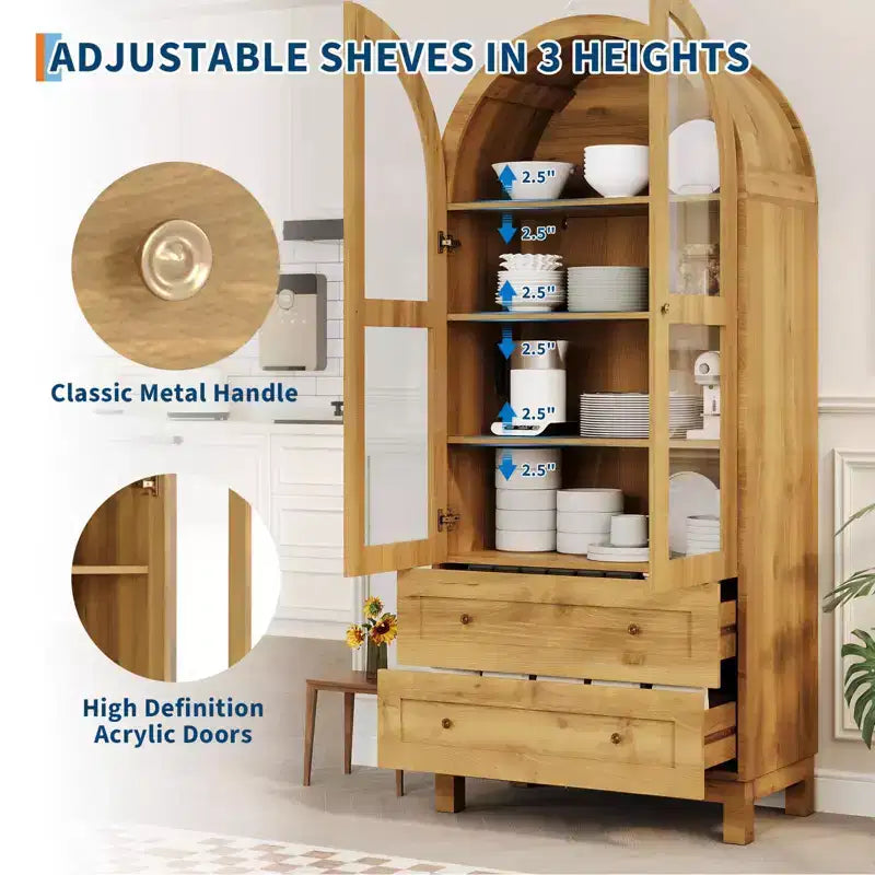 Grande bibliothèque cintrée de 180 cm de haut, étagère en bois avec 2 tiroirs, porte vitrée et étagère réglable, vitrine de style moderne pour salon, chambre, bureau