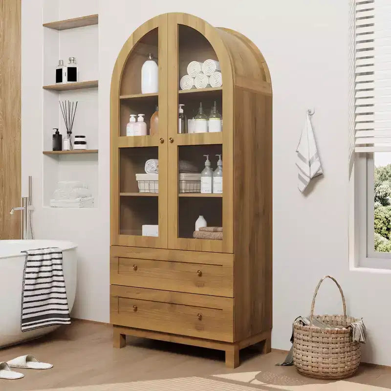 Grande bibliothèque cintrée de 180 cm de haut, étagère en bois avec 2 tiroirs, porte vitrée et étagère réglable, vitrine de style moderne pour salon, chambre, bureau