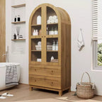 Grande bibliothèque cintrée de 180 cm de haut, étagère en bois avec 2 tiroirs, porte vitrée et étagère réglable, vitrine de style moderne pour salon, chambre, bureau