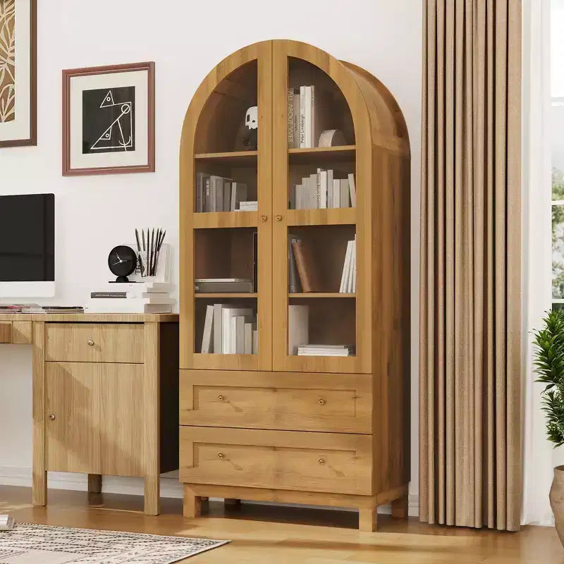 Grande bibliothèque cintrée de 180 cm de haut, étagère en bois avec 2 tiroirs, porte vitrée et étagère réglable, vitrine de style moderne pour salon, chambre, bureau