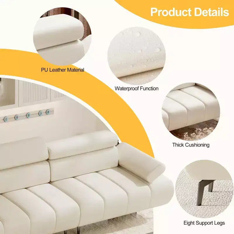 Canapé 3 places GustoWave, accoudoirs et appui-tête réglables sur 6 niveaux, canapés modernes en cuir PU avec deux canapés indépendants, beige