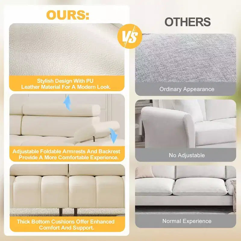 Canapé 3 places GustoWave, accoudoirs et appui-tête réglables sur 6 niveaux, canapés modernes en cuir PU avec deux canapés indépendants, beige
