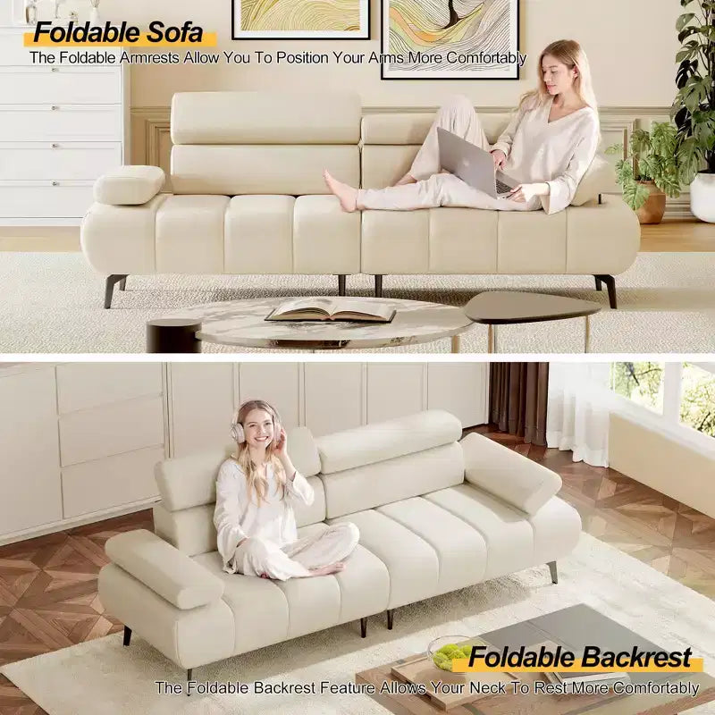 Canapé 3 places GustoWave, accoudoirs et appui-tête réglables sur 6 niveaux, canapés modernes en cuir PU avec deux canapés indépendants, beige