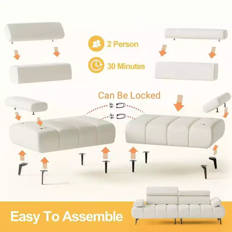 Canapé 3 places GustoWave, accoudoirs et appui-tête réglables sur 6 niveaux, canapés modernes en cuir PU avec deux canapés indépendants, beige