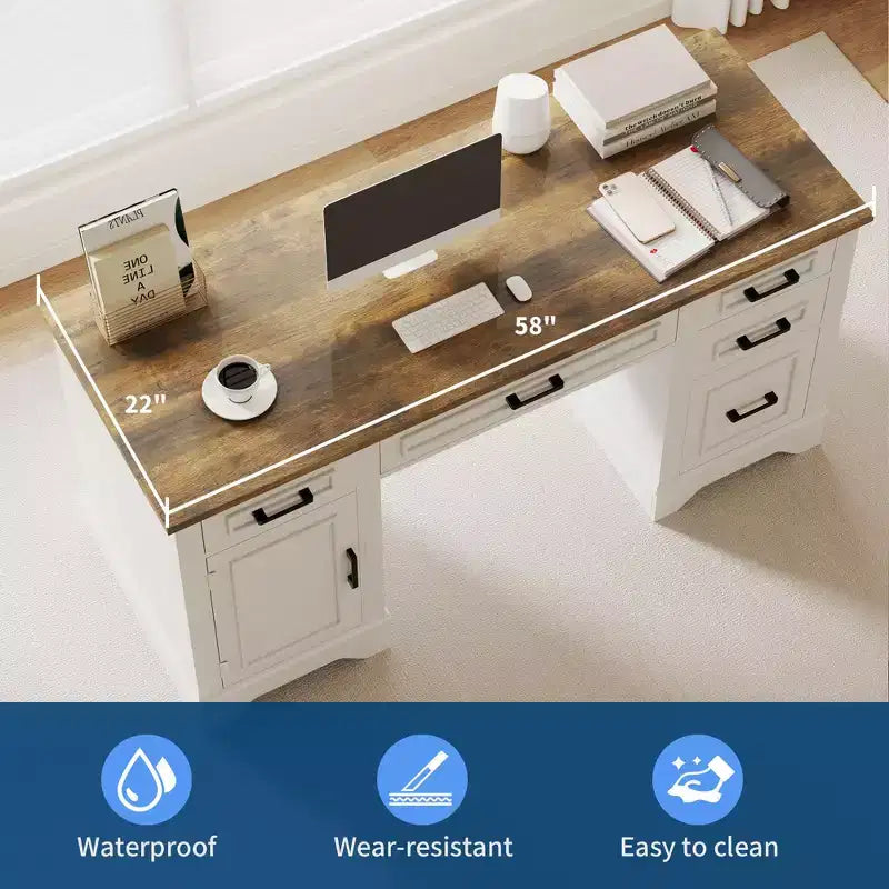 Bureau de direction - Bureau de ferme 58 avec rangement, bureau d'ordinateur de direction en bois, tiroir de clavier, tiroir de classement, pour le télétravail à domicile