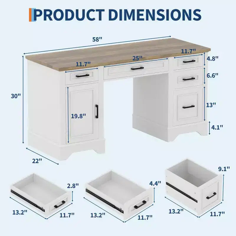 Bureau de direction - Bureau de ferme 58 avec rangement, bureau d'ordinateur de direction en bois, tiroir de clavier, tiroir de classement, pour le télétravail à domicile