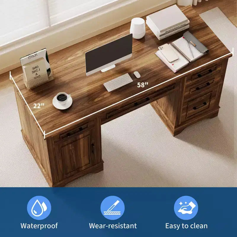 Bureau de direction - Bureau de ferme 58 avec rangement, bureau d'ordinateur de direction en bois, tiroir de clavier, tiroir de classement, pour le télétravail à domicile
