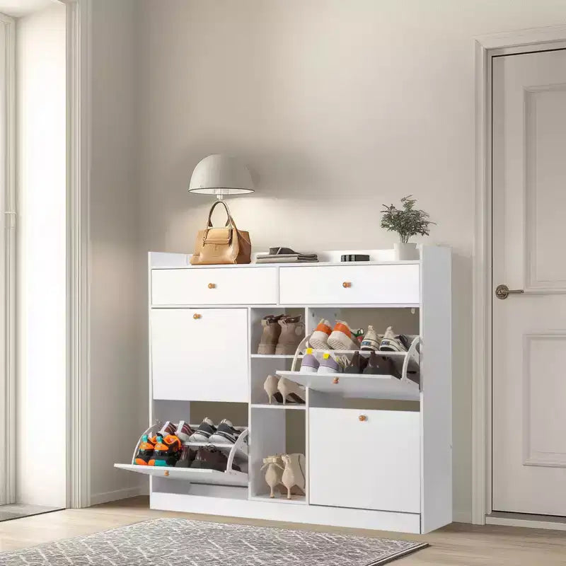 Meuble à Chaussures Karl 4 Tiroirs Basculants et 2 Tiroirs de Rangement, Panneau de Particules Blanc, 128 cm L.