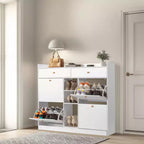 Meuble à Chaussures Karl 4 Tiroirs Basculants et 2 Tiroirs de Rangement, Panneau de Particules Blanc, 128 cm L.