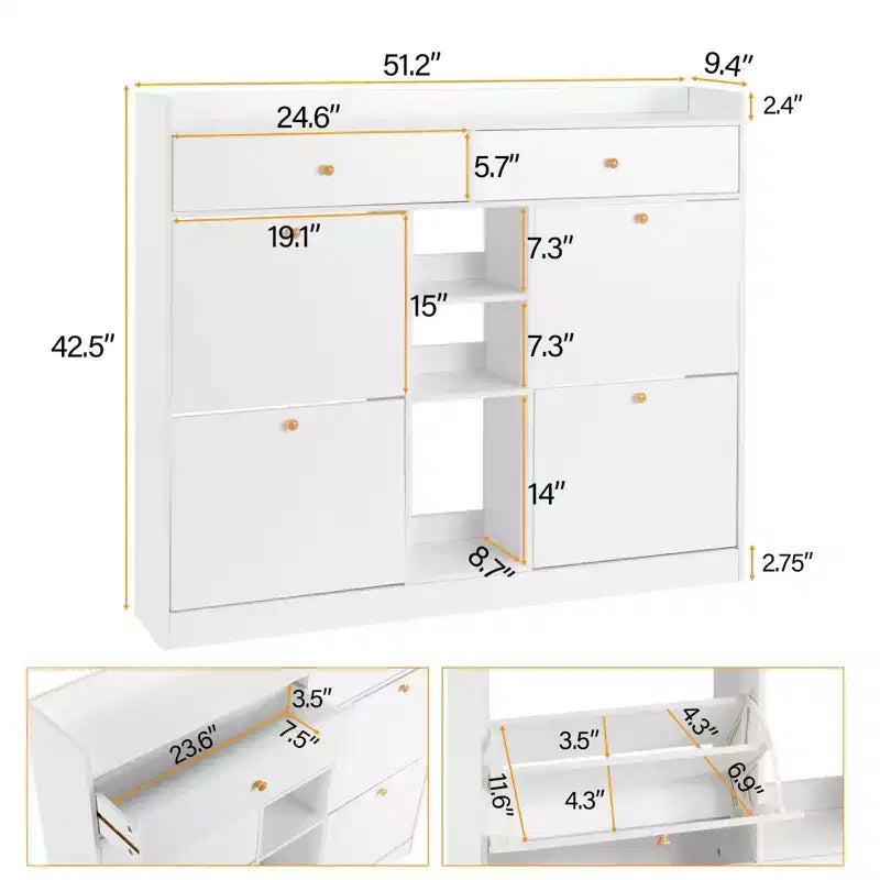 Meuble à Chaussures Karl 4 Tiroirs Basculants et 2 Tiroirs de Rangement, Panneau de Particules Blanc, 128 cm L.