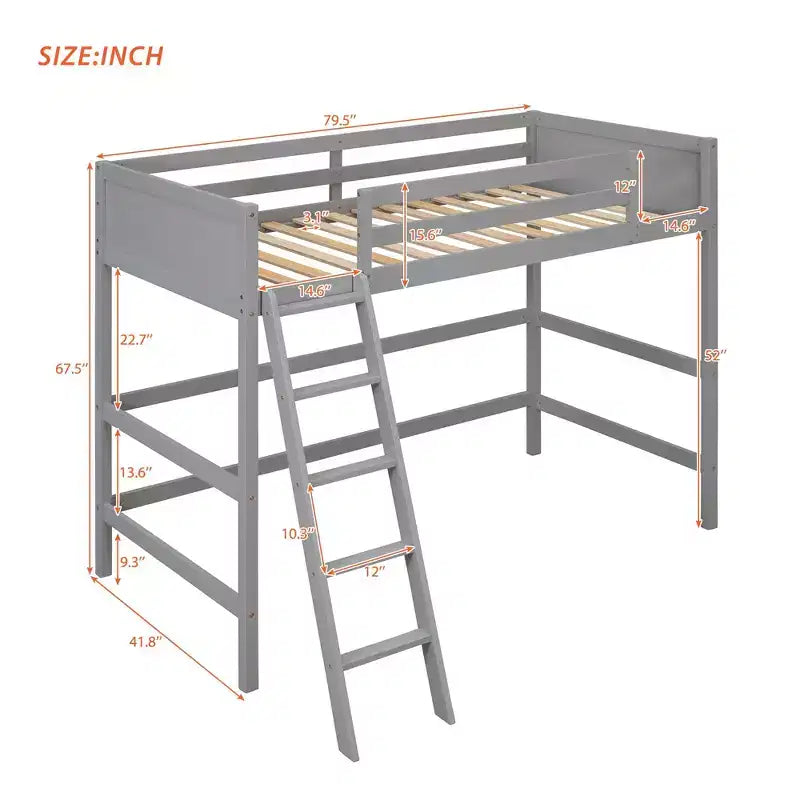 Lit mezzanine en bois massif Okak, avec échelle et barrières de sécurité, Lit haut et minimaliste pour chambre d'enfant ou d'adolescent