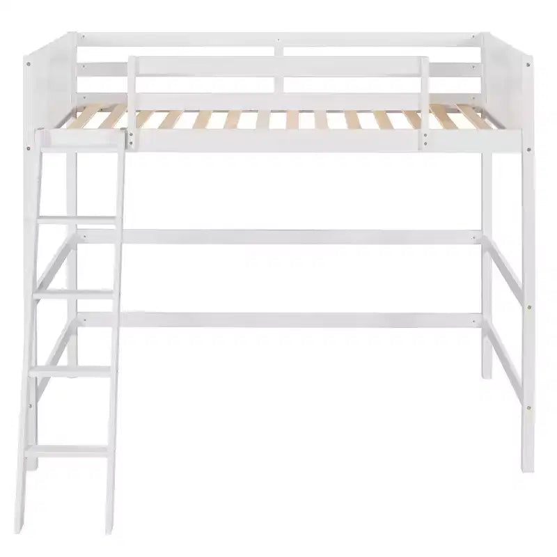 Lit mezzanine en bois massif Okak, avec échelle et barrières de sécurité, Lit haut et minimaliste pour chambre d'enfant ou d'adolescent