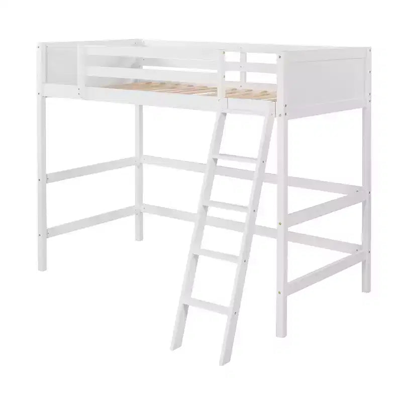 Lit mezzanine en bois massif Okak, avec échelle et barrières de sécurité, Lit haut et minimaliste pour chambre d'enfant ou d'adolescent