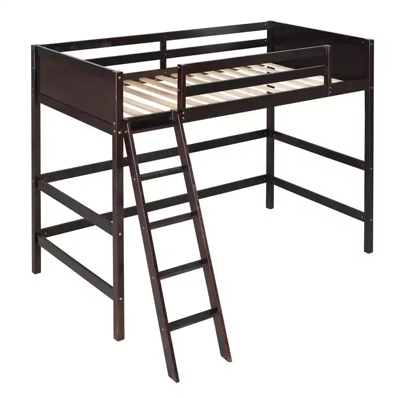 Lit mezzanine en bois massif Okak, avec échelle et barrières de sécurité, Lit haut et minimaliste pour chambre d'enfant ou d'adolescent
