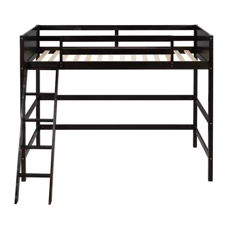 Lit mezzanine en bois massif Okak, avec échelle et barrières de sécurité, Lit haut et minimaliste pour chambre d'enfant ou d'adolescent