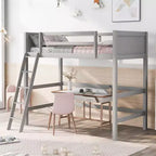 Lit mezzanine en bois massif Okak, avec échelle et barrières de sécurité, Lit haut et minimaliste pour chambre d'enfant ou d'adolescent