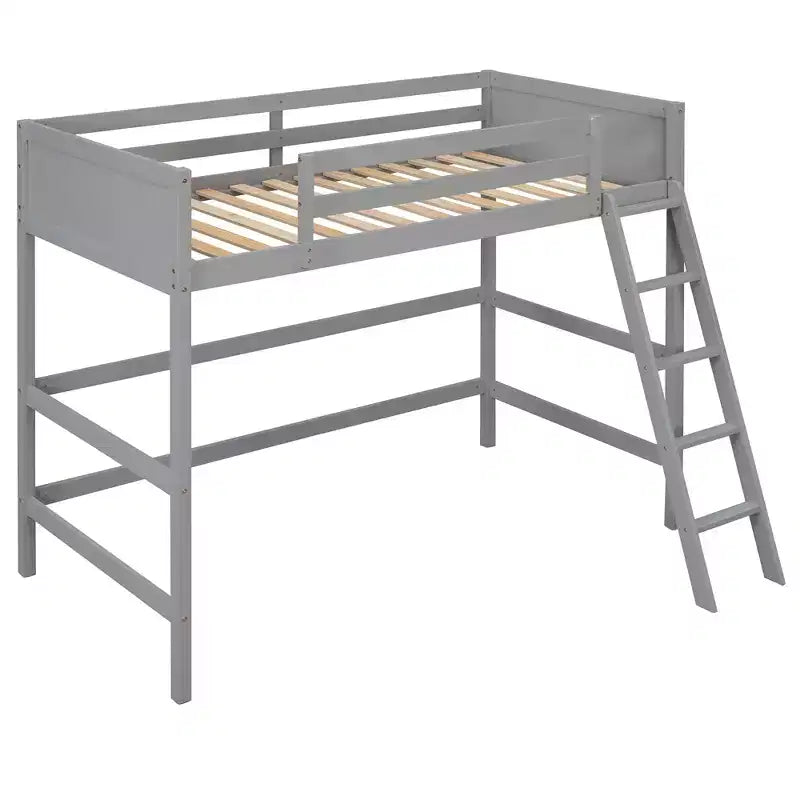Lit mezzanine en bois massif Okak, avec échelle et barrières de sécurité, Lit haut et minimaliste pour chambre d'enfant ou d'adolescent
